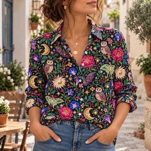 Mystical Owl Moth Blouse, Celestial Moon Floral Shirt, Whimsigoth Botanical Top, Boho Night Garden Blouse, Women Top