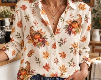 Fall Harvest Cornucopia Blouse, Autumn Pumpkin Shirt, Maple Leaf Button Up Top, Thanksgiving Blouse Gift, Fall Women Top