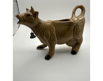 Vintage Ceramic Cow Creamer Pitcher Brown Jersey with Bell, 4.5" x 6"