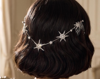 Star Crystal Headband, Bridal Headpiece, Silver Wedding Hair Accessory, Sparkly Hair Jewelry, Prom Updo Piece, Celestial Hair Piece