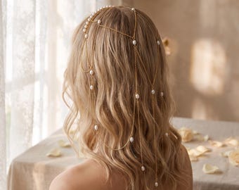 Tocado de cadena de perlas, diadema nupcial, cadena de perlas doradas para el cabello, accesorio para el cabello de boda, joyería para el cabello de novia bohemia, recogido romántico