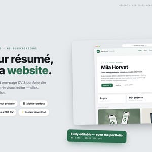 Peut inclure: Un modèle de site web pour CV et portfolio intitulé CV Folio. L'interface affiche le texte Your résumé, as a website, avec des sections pour le profil, l'expérience et les compétences. Il inclut un éditeur visuel pour modifier en ligne.