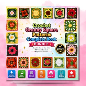 Puede incluir: Un libro digital titulado Crochet Granny Square Patterns Complete Book, que presenta una colección de coloridos y diversos cuadrados de ganchillo con diseños florales y geométricos alrededor del texto, con iconos para descarga e impresión.