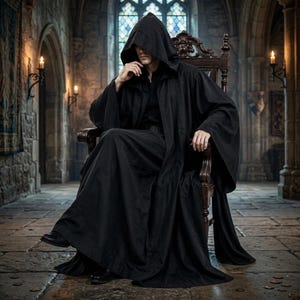 May include: A long, black hooded cloak with wide sleeves, worn over a black shirt and trousers. The garment features a deep hood that partially obscures the face, and the fabric drapes fully to the floor while seated in a high-backed wooden chair.