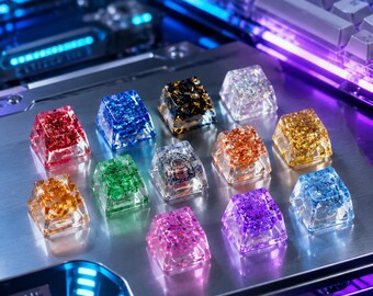 Gold Foil Resin Keycap, Handmade Artisan Mechanical Keyboard Keycap, RGB Backlit OEM Profile Cross Stem Gamer Gift