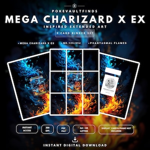 Mega Charizard X ex 125/94 Inspirerad Utökad Pärmkonst | Phantasmal Flames Samlarpaket | Pokémon Väggkonsttryck