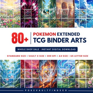 Può includere: Una collezione di oltre 80 illustrazioni digitali per raccoglitori di carte Pokemon TCG con vari paesaggi. Il testo include 80+ POKEMON EXTENDED TCG BINDER ARTS, WHOLE SHOP SALE, INSTANT DIGITAL DOWNLOAD, STANDARD SIZE, VAULT X SIZE, 300 DPI, A4 SIZE, US LETTER SIZE e POKEVAULTFINDSCO.