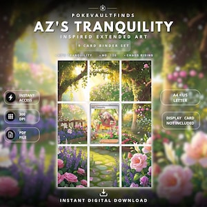 Può includere: Un set di 9 carte per raccoglitore intitolato AZ's Tranquility, con arte estesa di un giardino con fiori e alberi. Il download digitale include un file PDF a 300 DPI, compatibile con A4 e US Letter. La carta da esposizione non è inclusa.