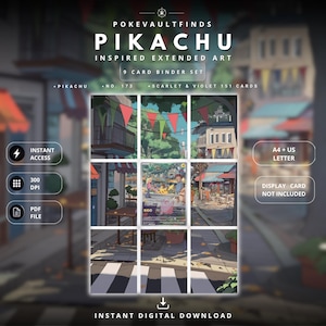 Puede incluir: Un conjunto de 9 tarjetas para carpeta con arte extendido inspirado en Pikachu. El diseño muestra una cuadrícula de nueve paneles que forman una escena callejera continua con personajes y edificios. El texto incluye POKEVAULTFINDS, PIKACHU, NO. 173, SCARLET & VIOLET 151 CARDS, INSTANT ACCESS, 300 DPI, PDF FILE, A4 + US LETTER, DISPLAY CARD NOT INCLUDED e INSTANT DIGITAL DOWNLOAD.
