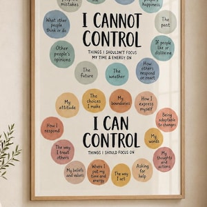 May include: A framed wall poster featuring a chart with two sections titled I CANNOT CONTROL and I CAN CONTROL. The design uses colorful watercolor-style circles containing text about personal focus, boundaries, and emotional regulation.