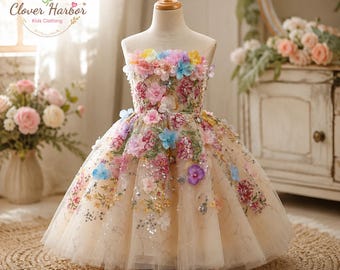Champagne Flower Girl Dress, Girls Princess Tulle Dress, Birthday Party Gown