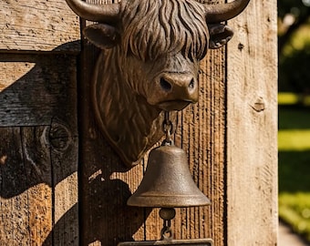 Campanello di benvenuto rustico a forma di mucca delle Highlands, campanello in resina scozzese a forma di mucca, decorazione per portico in stile rustico, idea regalo da appendere al muro del giardino.