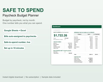 Paycheck Budget Planner, Safe to Spend Tracker (Google Sheets Excel)