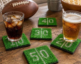 Football Turf Coasters Set, Artificial Grass Yard Line Drink Holders (Set of 5)