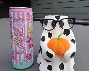 Cow Ghost Holding Pumpkin Skinny Can Holder
