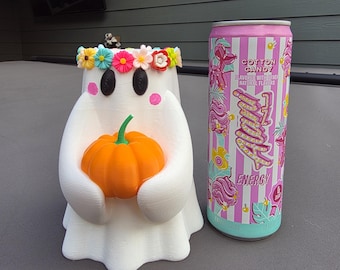 Flower Girl Ghost Holding Pumpkin Skinny Can Holder