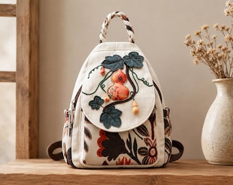 Mochila vintage bordada, estilo bohemio, con estampado floral, diseño de calabaza, ideal para viajes, ocasiones informales y para la escuela.