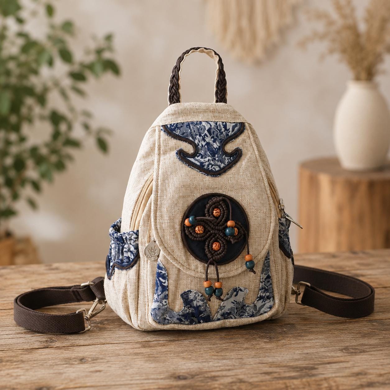 Boho Backpack For Women Beige Blue Woven Daypack With Beaded Knot Applique Adjustable Strap Vintage Travel Bag Gift For Her