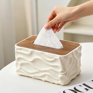 Style Wavy Tissue Box Cover, Modern White Tissue Holder with Wooden Lid, Textured Desktop Napkin Case, Aesthetic Living Room Organizer Gift