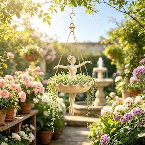 May include: A hanging planter featuring a cream-colored figurine of a ballerina with arms outstretched, positioned in the center of a scalloped bowl. The bowl is suspended by thin gold chains and contains a trailing string of pearls succulent plant.