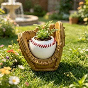 Peut inclure: Un pot de fleurs en forme de gant de baseball marron clair contenant un pot blanc en forme de balle de baseball avec des coutures rouges. Une succulente verte et une petite fougère sont plantées dans le pot en forme de balle.