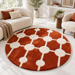 Rust Orange Molecular Trellis Round Rug | Ivory Geometric Plush Carpet