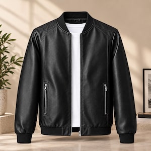 Puede incluir: Una chaqueta tipo bomber negra con acabado liso, cuello, puños y dobladillo acanalados. La chaqueta tiene un cierre de cremallera plateado central y dos bolsillos verticales con cremallera en la parte delantera. Se ve una camiseta blanca.