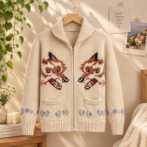 Könnte beinhalten: Eine beigefarbene Strickjacke mit Reißverschluss, breitem Kragen, langen Ärmeln und zwei Vordertaschen. Das Kleidungsstück zeigt ein wiederkehrendes Fuchskopf-Motiv in Braun, Weiß und Schwarz sowie kleine blaue Blumenmuster am Saum und an den Ärmelbündchen.