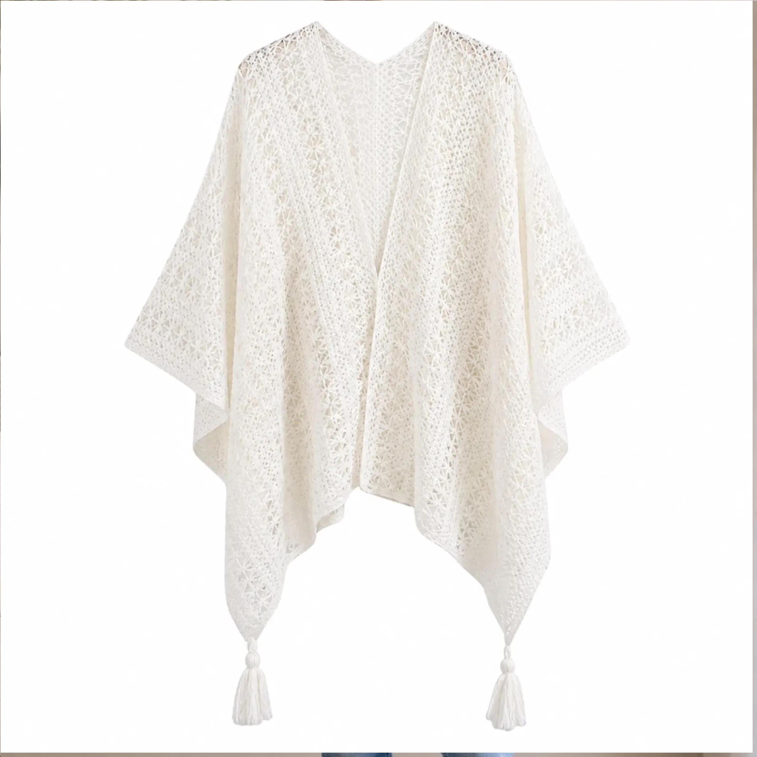 Women's White Lace Knit Ruana Poncho Open Front Kimono Cardigan Tassel Shawl Wrap Lightweight Boho Beach Summer Cover Up Gift, Gift for him