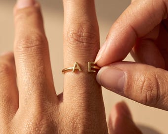 Custom Two Letter Ring, Personalized Duo Initial Ring, 925 Silver Open Letter Ring, Couple Rings, Minimalist Gift for Her