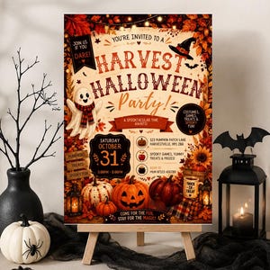 May include: A rectangular Halloween party invitation flyer featuring autumn leaves, a ghost, pumpkins, and a witch hat. The text reads: Harvest Halloween Party, Saturday October 31, 5:00 PM - 8:00 PM, 123 Pumpkin Patch Lane, Harvestville, HP1 2B9.