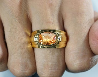 Mens citrine ring 14k solid gold | east west checkerboard signet | grooved band & diamond accents | modern statement | november birthstone