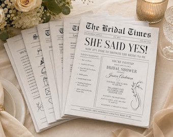8 Page Bridal Shower Newspaper Template, Editable Canva Bridal Shower Games & Invitation, Printable Newspaper Party Game Bundle
