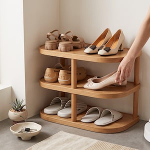 May include: A three-tier wooden shoe rack with rounded edges, holding various footwear including beige sandals, cream-colored block heels, tan loafers, a light-colored ballet flat, and two pairs of grey and white patterned slip-on house slippers.