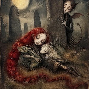 May include: A digital illustration featuring a person with long red braided hair resting on the ground, embracing a small green dragon and a white unicorn. A dark, horned figure with wings stands behind a large stone pillar under a full moon.