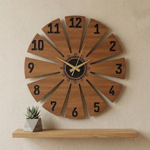 Mid Century Wall Clock, Large Wooden Sunburst Timepiece with Gold Hands, Walnut Tone Statement Decor
