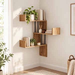 May include: A corner wall shelf unit featuring three tiered wooden shelves with a natural wood grain finish, supported by vertical black metal bars. The shelves are arranged in an interlocking pattern, providing multiple surfaces for displaying books, small potted plants, and decorative containers.