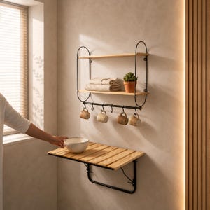 May include: A wall-mounted unit featuring two light wood shelves supported by a black metal frame, with a lower bar holding six hooks for mugs. Below, a foldable light wood slat table is attached to the wall with a black metal bracket.