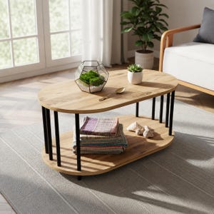 Mesa de centro ovalada hecha a mano con estante de almacenamiento, tablero con aspecto de roble y patas de metal negro.