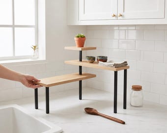 Estante esquinero de especias de 3 niveles hecho a mano, organizador de encimera de cocina.