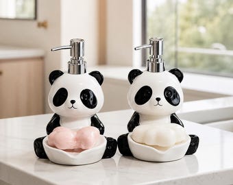 Panda Ceramic Soap Dispenser, Refillable Lotion Pump Bottle, Shampoo Body Wash Dispenser, Bathroom Decor