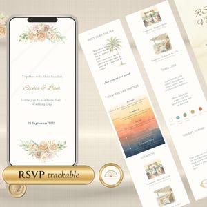 Può includere: Un invito di nozze digitale visualizzato sullo schermo di uno smartphone e tre pannelli verticali con accenti floreali ad acquerello, illustrazioni a tema spiaggia e testo che include Sophia & Liam, 12 settembre 2027 e RSVP trackable.