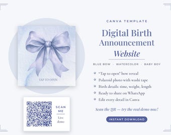 Fiocco Nascita Digitale Bambino Template Canva | Annuncio Nascita Online Fiocco Azzurro Acquerello, Sito da Condividere | Download