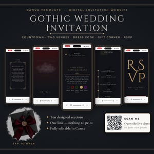 Può includere: Un modello di invito a nozze gotico digitale per dispositivi mobili con cinque schermate su sfondo scuro, testo dorato e sezioni per conto alla rovescia, luoghi, codice di abbigliamento e RSVP, incluso un codice QR per una demo dal vivo.