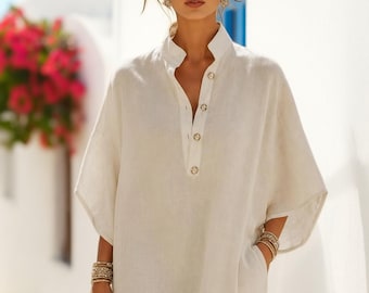 Women's Ecru Boho Maxi Dress, High Neck Button Dress, Batwing Sleeve Flowy Long Dress, Mediterranean Summer Outfit