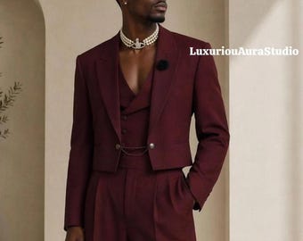 Custom Burgundy Cropped Blazer Suit Set for Men, Vintage  Piece Formal Suit, High Waist Pleated Trousers, Wedding Prom Outfit
