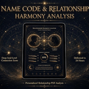 May include: A digital tablet displaying a Name Code & Relationship Harmony Analysis report. The screen features gold celestial graphics, two silhouettes, and data points including an 89% harmony score, life path numbers, and cosmic synchronicity text.
