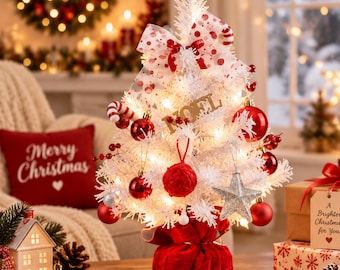 Witte kerstboomdecoratie, mini kerstboom voor op tafel, PVC kerstboomversiering, rood-witte kerstdecoratie voor thuis, kerstcadeau
