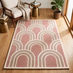 Alfombra rosa con arco tejida a mano, alfombra geométrica moderna, alfombra de lana neozelandesa de corte y bucle, alfombra para sala de estar o dormitorio de tamaño personalizado.