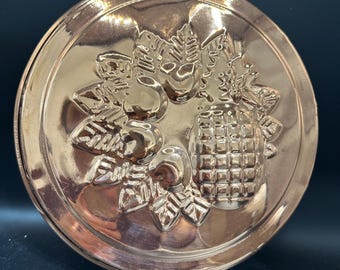 Vintage Copper Jello Mold with Brass Handles, Round Fruit Design (10-inch Diameter)